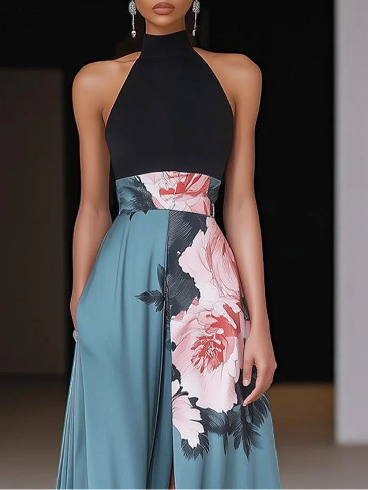 Women's Summer Maxi Dress | Sleeveless Floral Panel with Front Slit