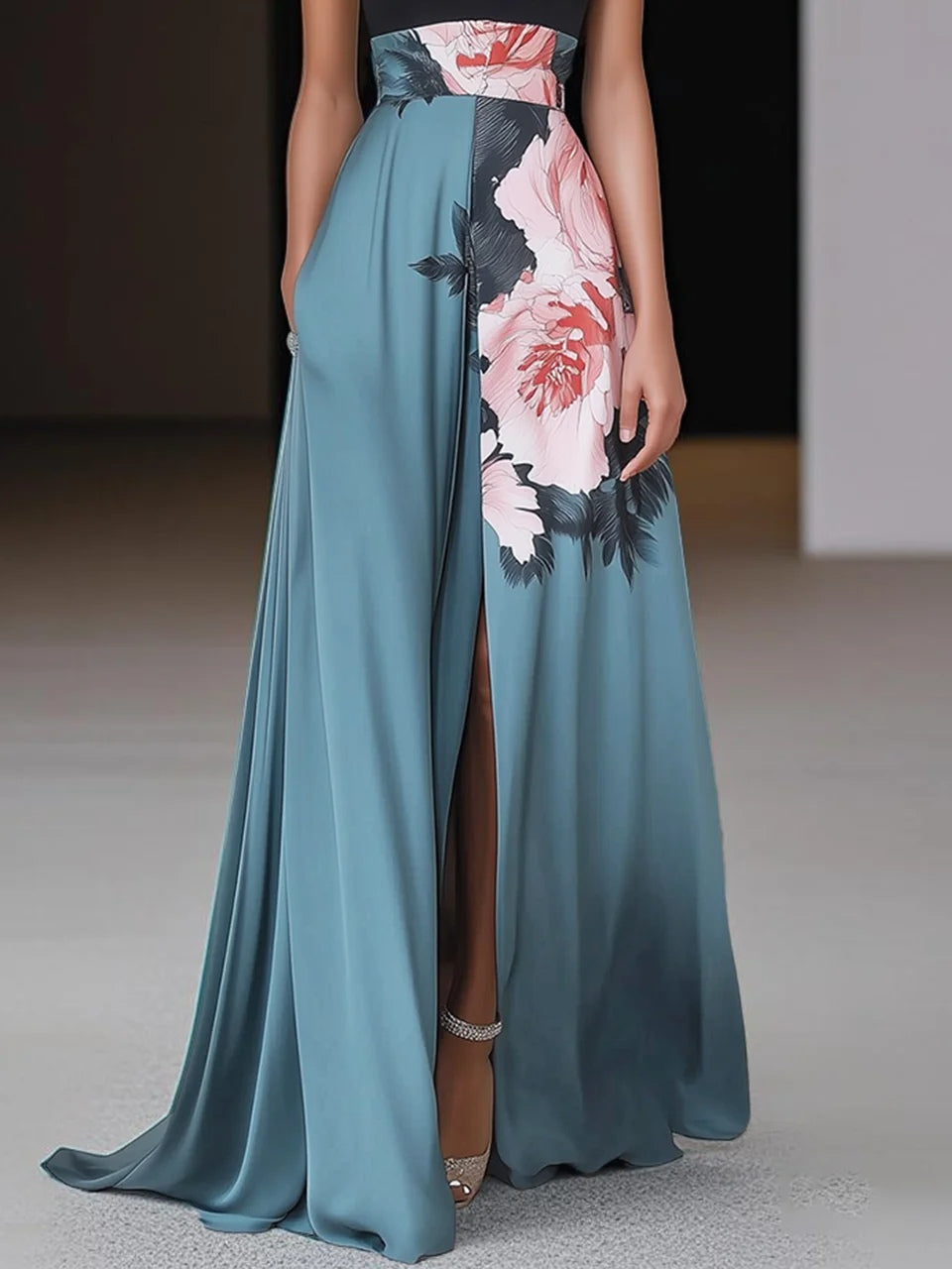 Women's Summer Maxi Dress | Sleeveless Floral Panel with Front Slit