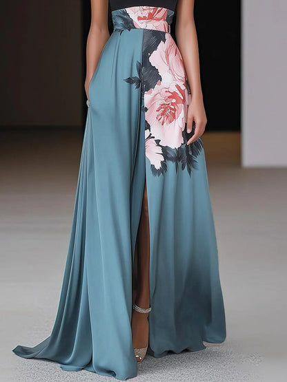 Women's Summer Maxi Dress | Sleeveless Floral Panel with Front Slit