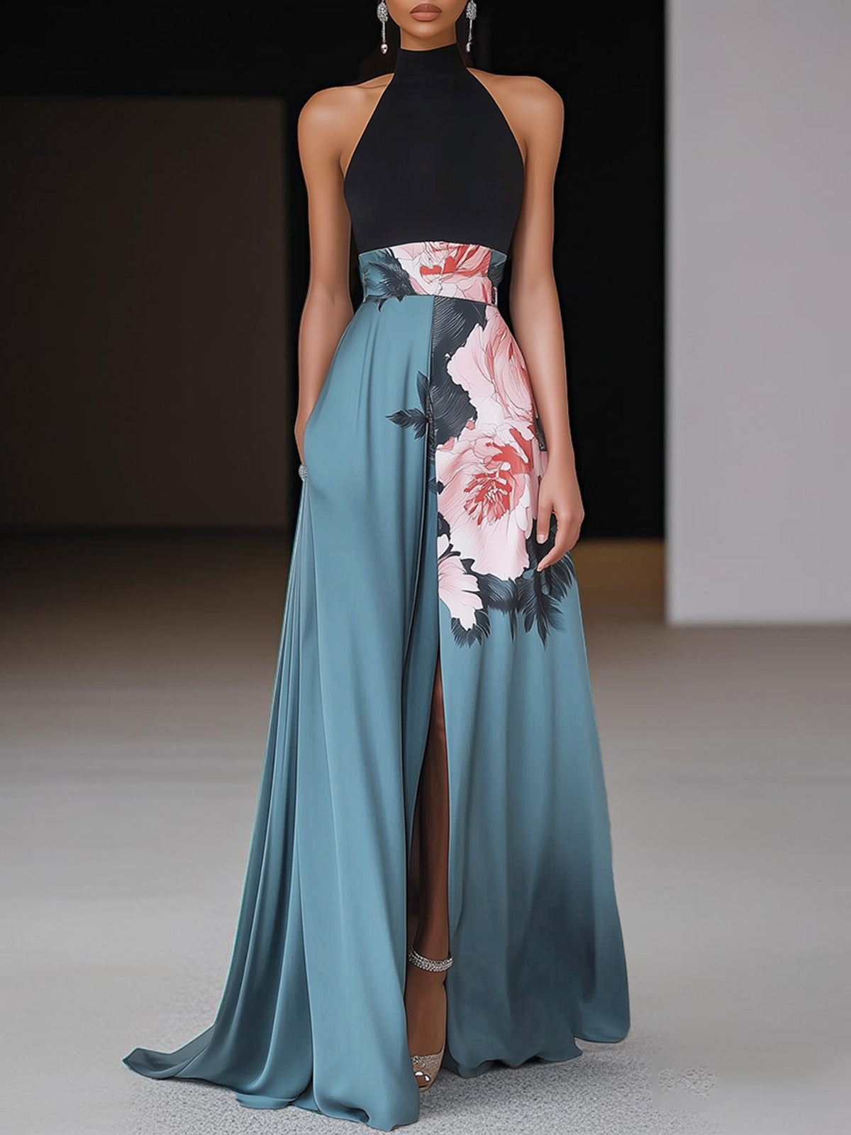 Women's Summer Maxi Dress | Sleeveless Floral Panel with Front Slit
