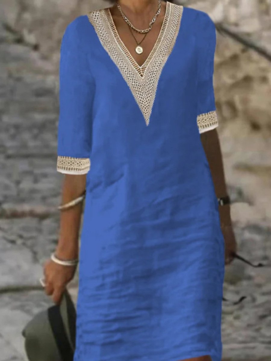 Women's Summer Midi Dress | Lace Trim V-Neck & Relaxed Elegant Fit