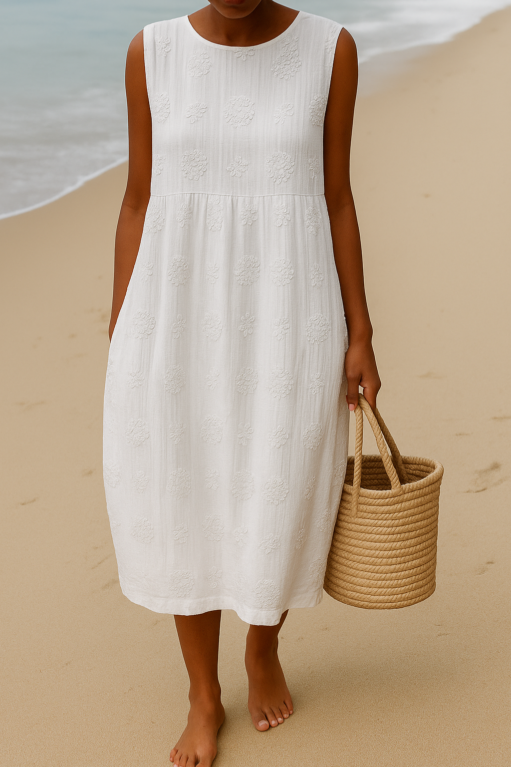 Women's Summer Midi Dress | Sleeveless Floral Embroidery & Relaxed Fit