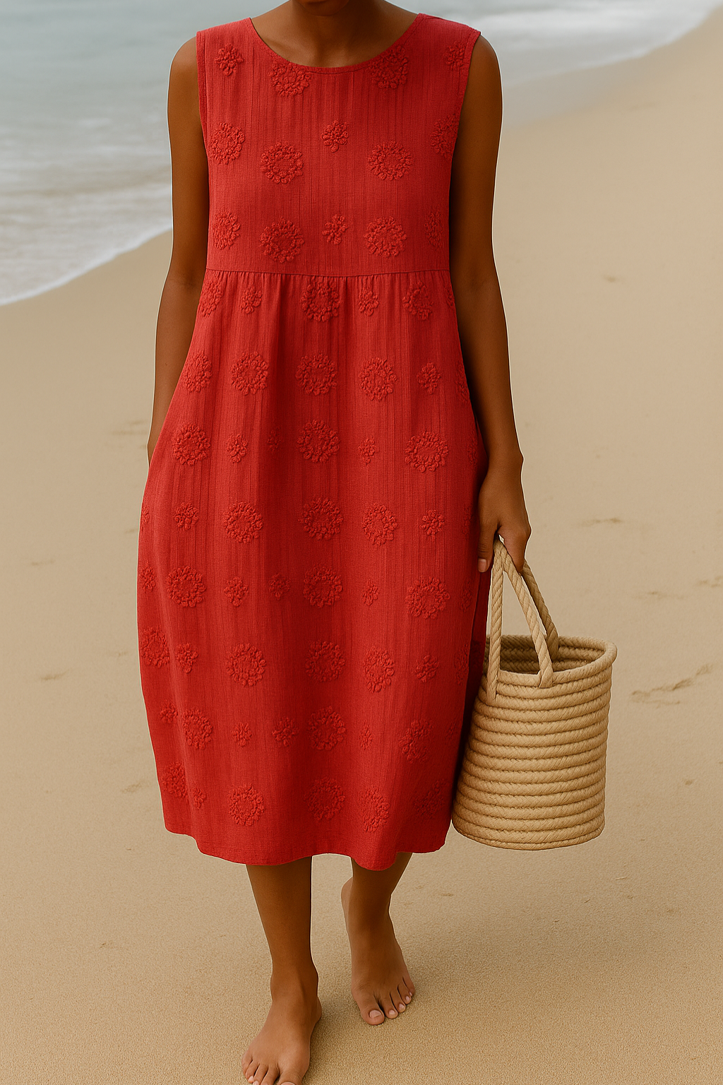 Women's Summer Midi Dress | Sleeveless Floral Embroidery & Relaxed Fit