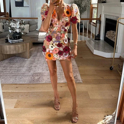 Women's Summer Mini Dress | 3D Floral Appliqué & Puff Sleeve Design