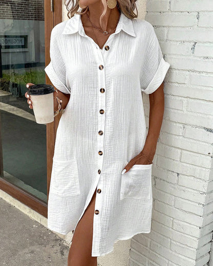 Women's Summer Mini Dress | Collared Button-Front with Pockets