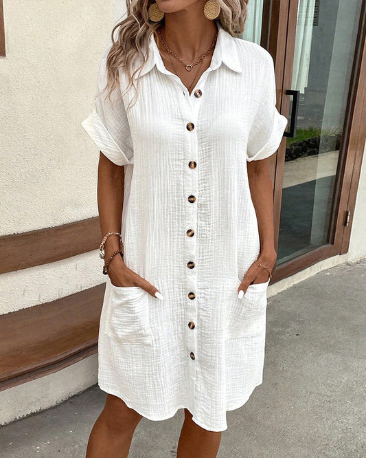 Women's Summer Mini Dress | Collared Button-Front with Pockets
