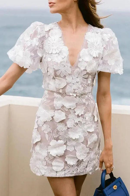 Women's Summer Mini Dress | Puff Sleeve V-Neck