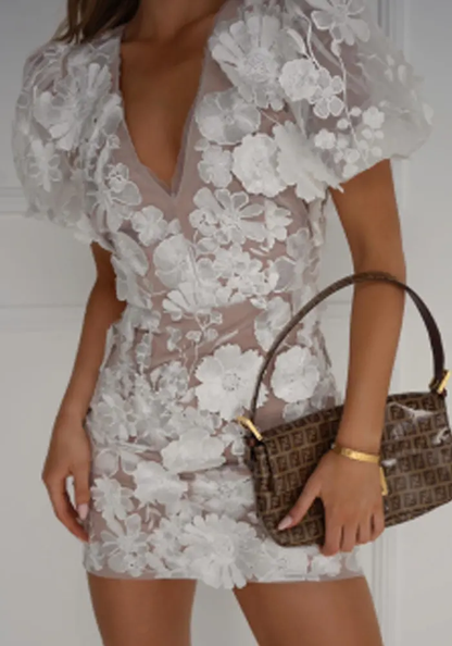 Women's Summer Mini Dress | Puff Sleeve V-Neck