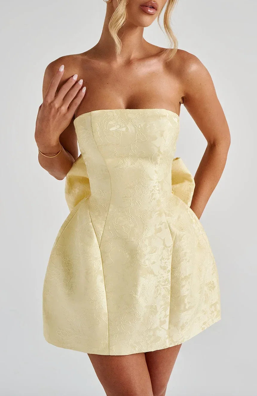 Women's Summer Mini Dress | Strapless Jacquard & Statement Bow Detail