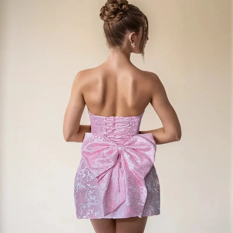 Women's Summer Mini Dress | Strapless Jacquard & Statement Bow Detail