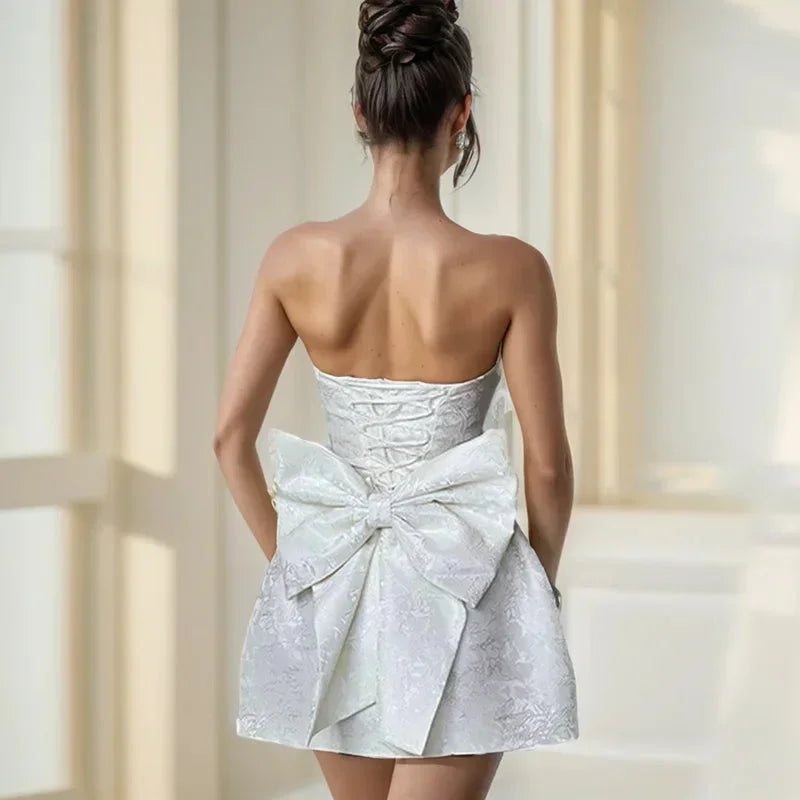 Women's Summer Mini Dress | Strapless Jacquard & Statement Bow Detail