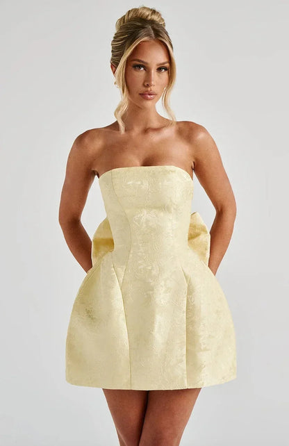 Women's Summer Mini Dress | Strapless Jacquard & Statement Bow Detail