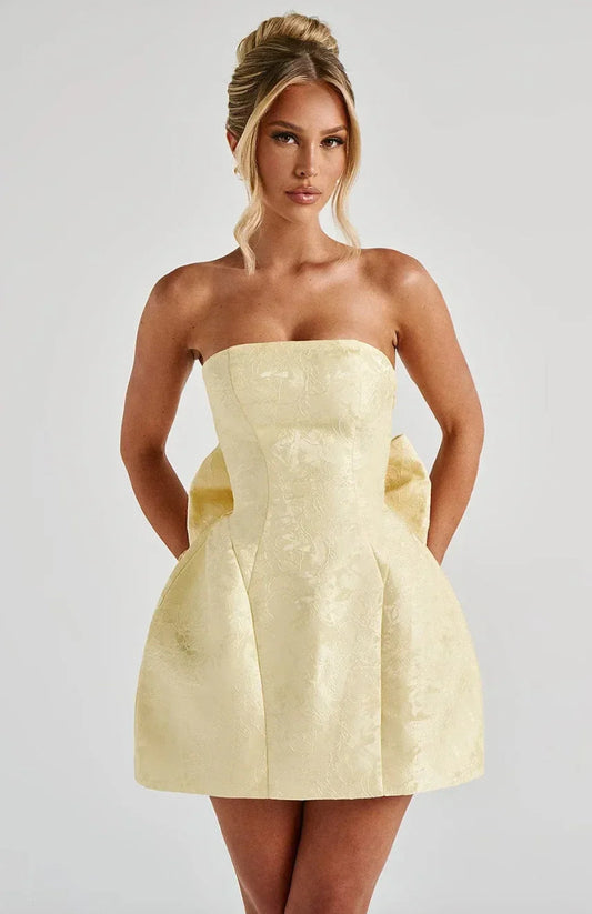 Women's Summer Mini Dress | Strapless Jacquard & Statement Bow Detail
