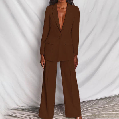 Chic Women’s Trouser Suit - Longline Blazer & Wide-Leg Pants