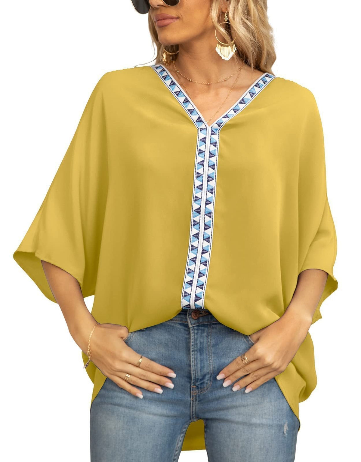 Women's Tunic Top | Geometric Trim V Neck