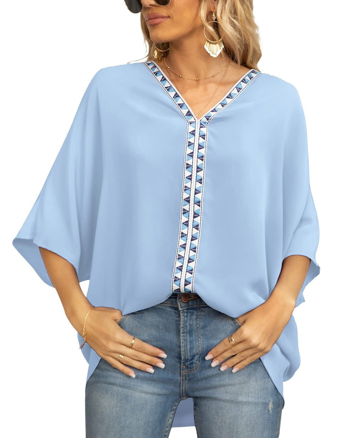 Women's Tunic Top | Geometric Trim V Neck