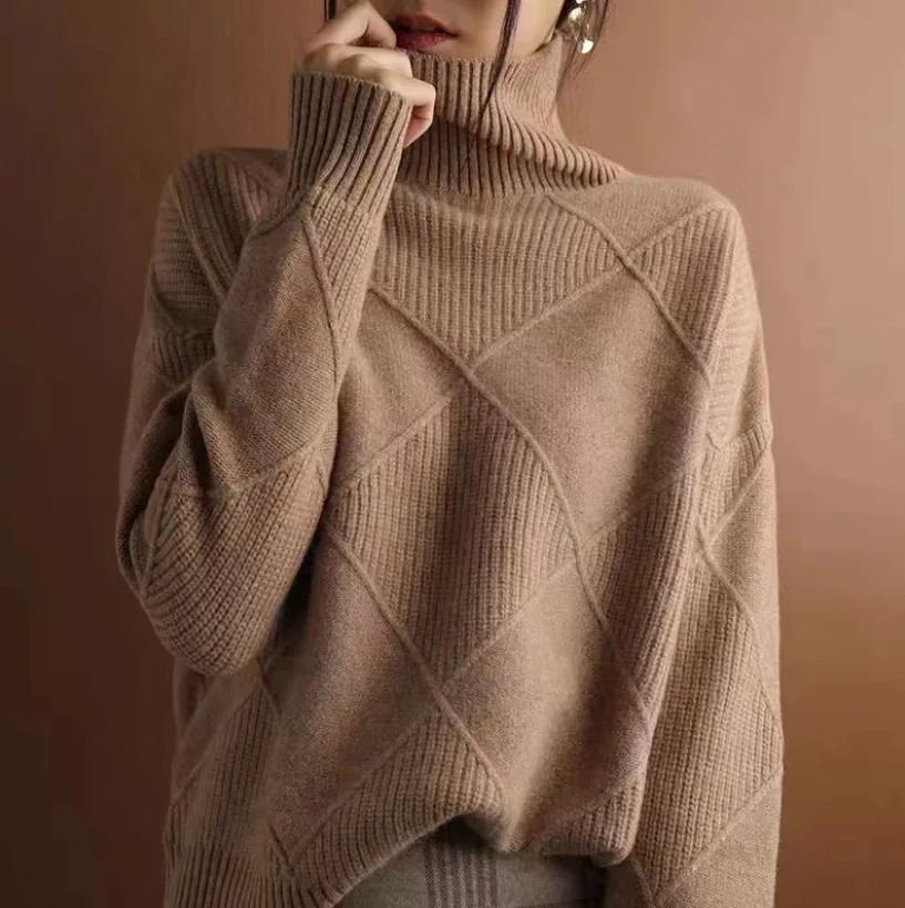 Women's Turtleneck Sweater | Geometric Pattern & Relaxed Fit