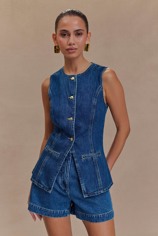 Women's Two Piece Set | Denim Co-Ord Vest Top & High Waist Shorts