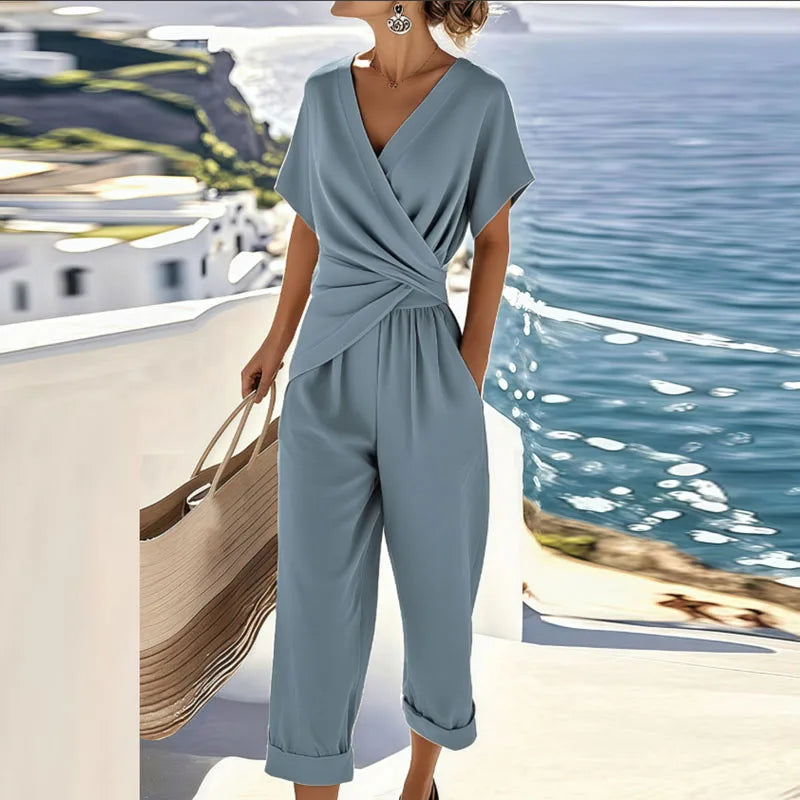 Women's Two Piece Set | Wrap V-Neck Top & Straight-Leg Trousers