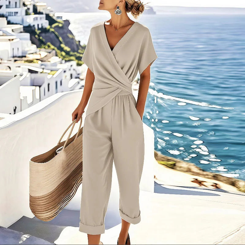 Women's Two Piece Set | Wrap V-Neck Top & Straight-Leg Trousers