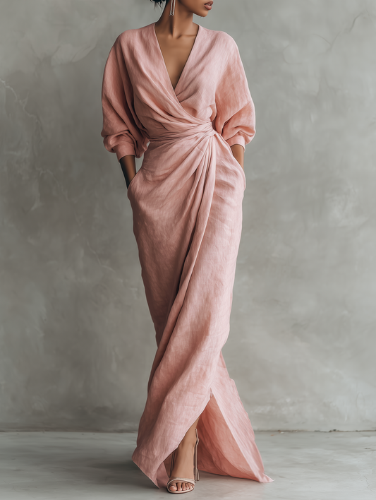 Women's V Neck Maxi Dress | Draped Wrap & Twist Waist Detail