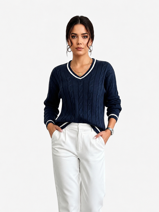 Women's V-Neck Sweater | Cable Knit & Striped Trims