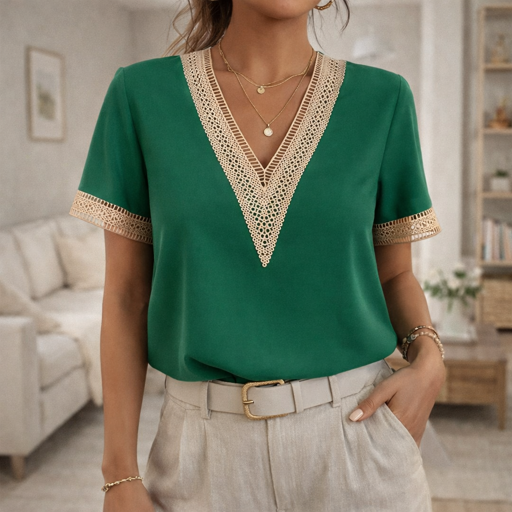 Women's V Neck Top | Lace Trim Detail