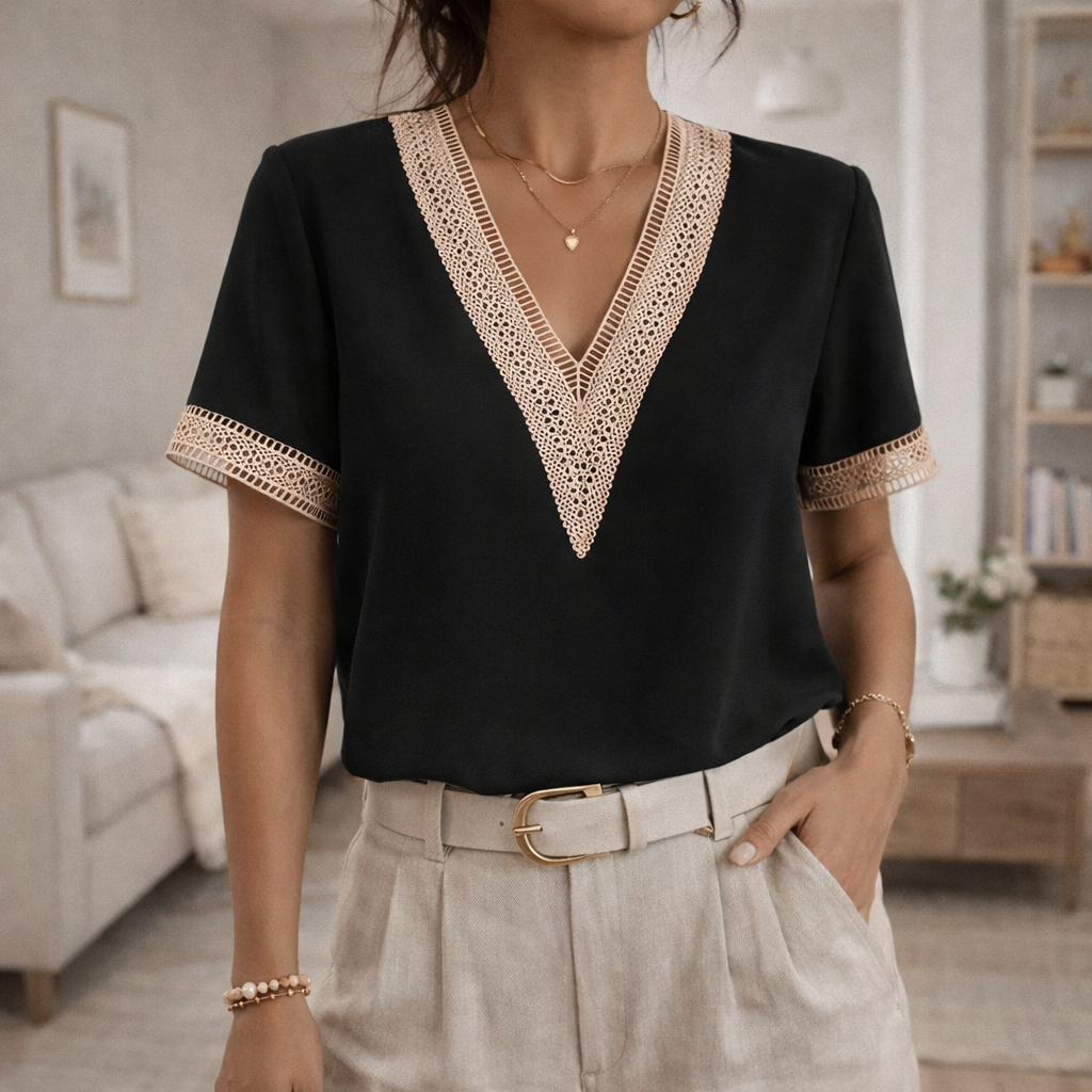Women's V Neck Top | Lace Trim Detail