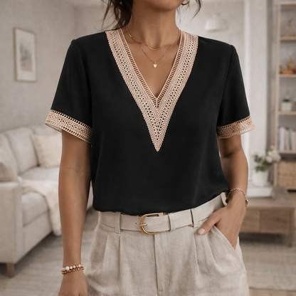 Women's V Neck Top | Lace Trim Detail