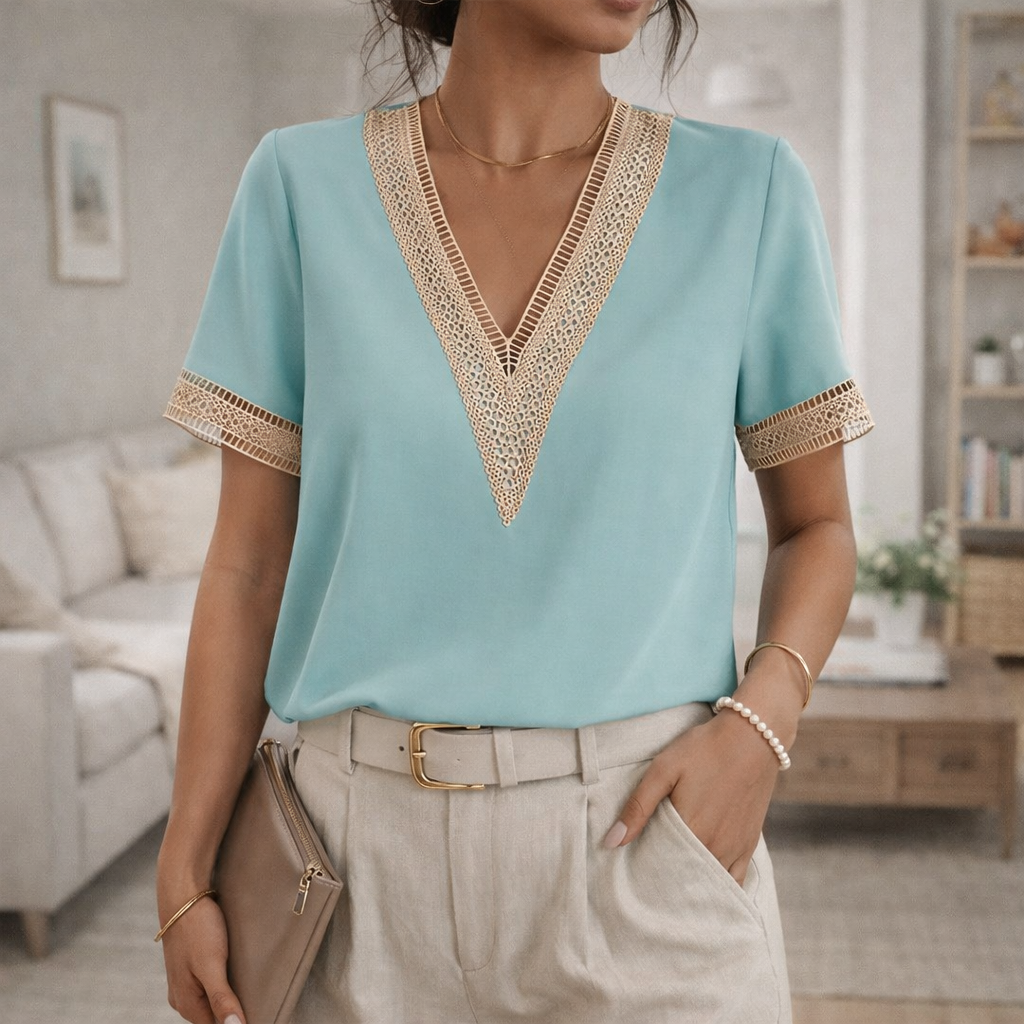 Women's V Neck Top | Lace Trim Detail