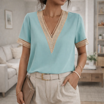 Women's V Neck Top | Lace Trim Detail
