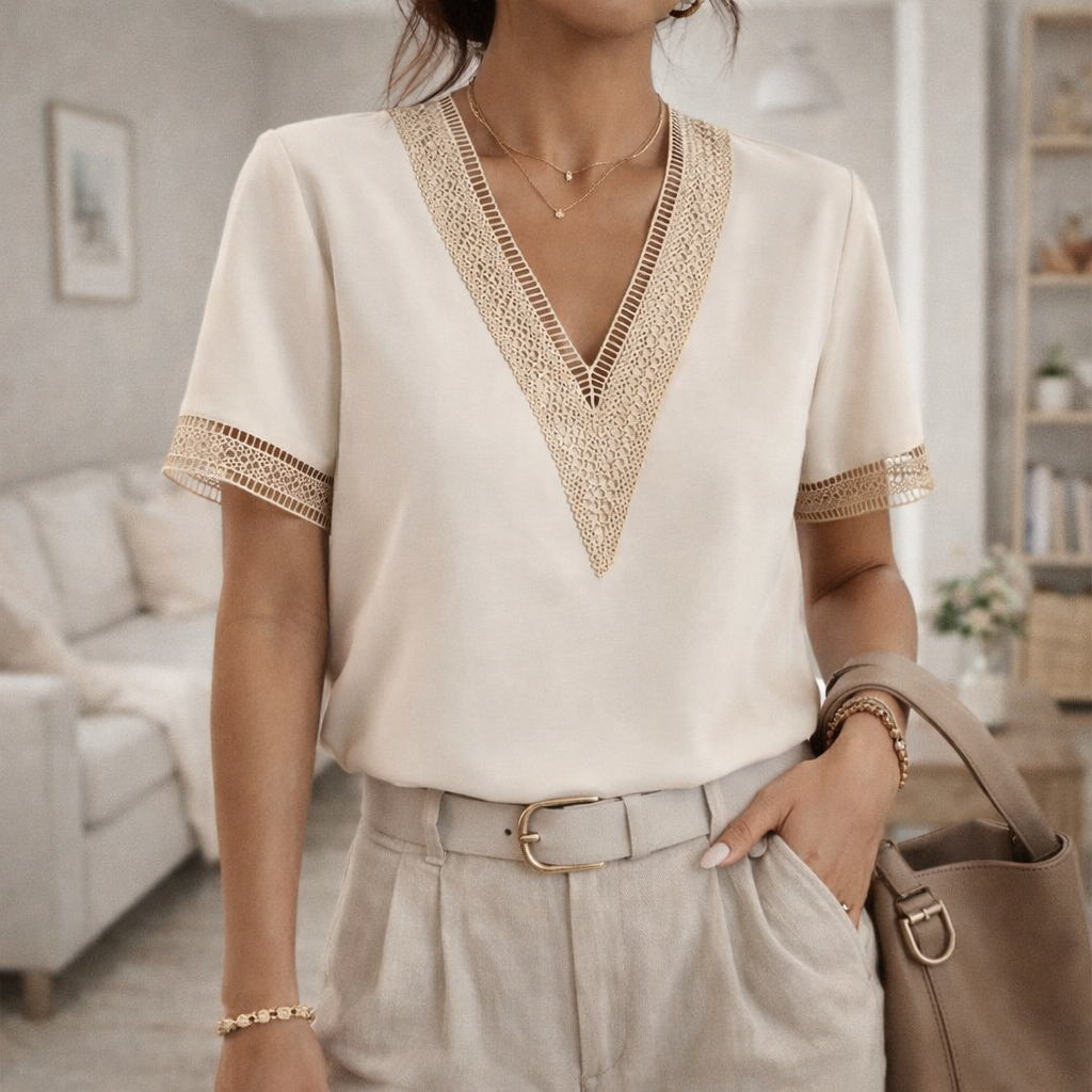 Women's V Neck Top | Lace Trim Detail