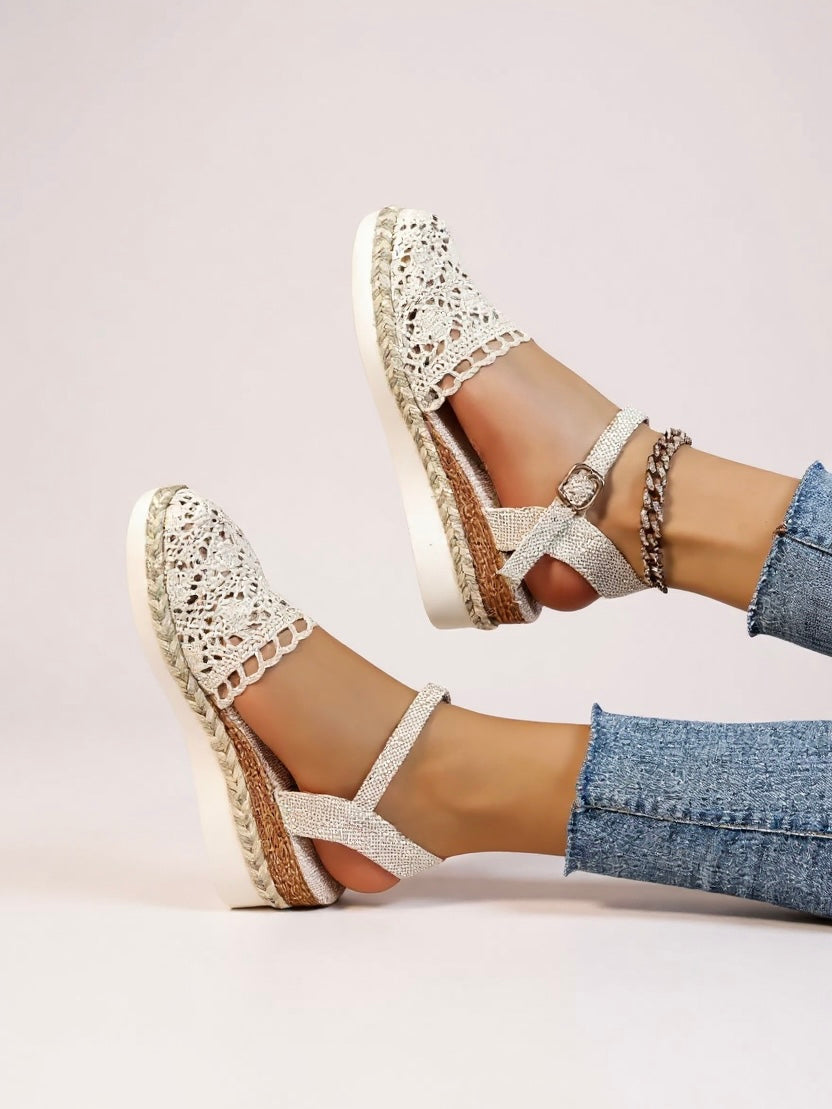 Women's Wedge Espadrilles | Crochet Upper & Ankle Strap Buckle