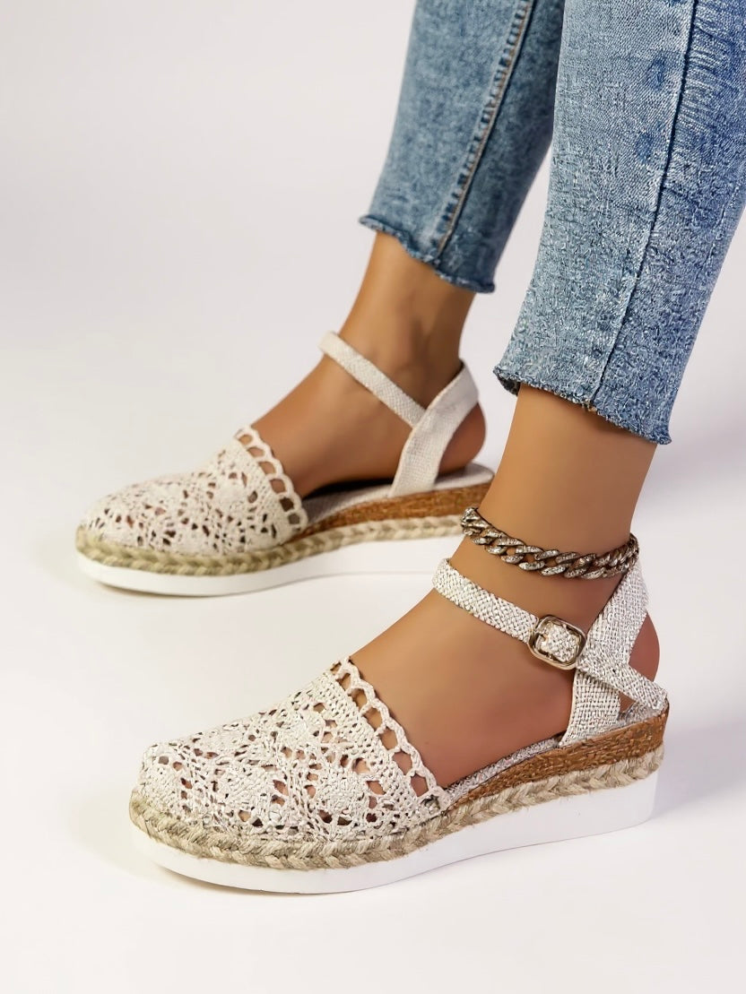 Women's Wedge Espadrilles | Crochet Upper & Ankle Strap Buckle