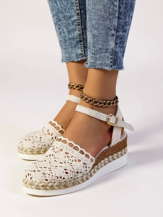 Women's Wedge Espadrilles | Crochet Upper & Ankle Strap Buckle