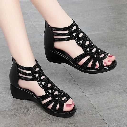 Women's Wedge Sandals | Cut-Out Design & Back Zip