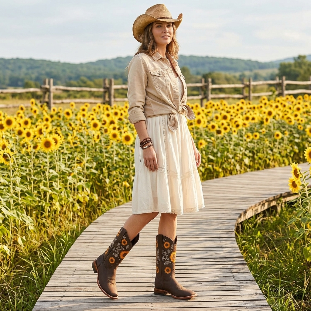 Women's Western Boots Sunflower Embroidery Square Toe