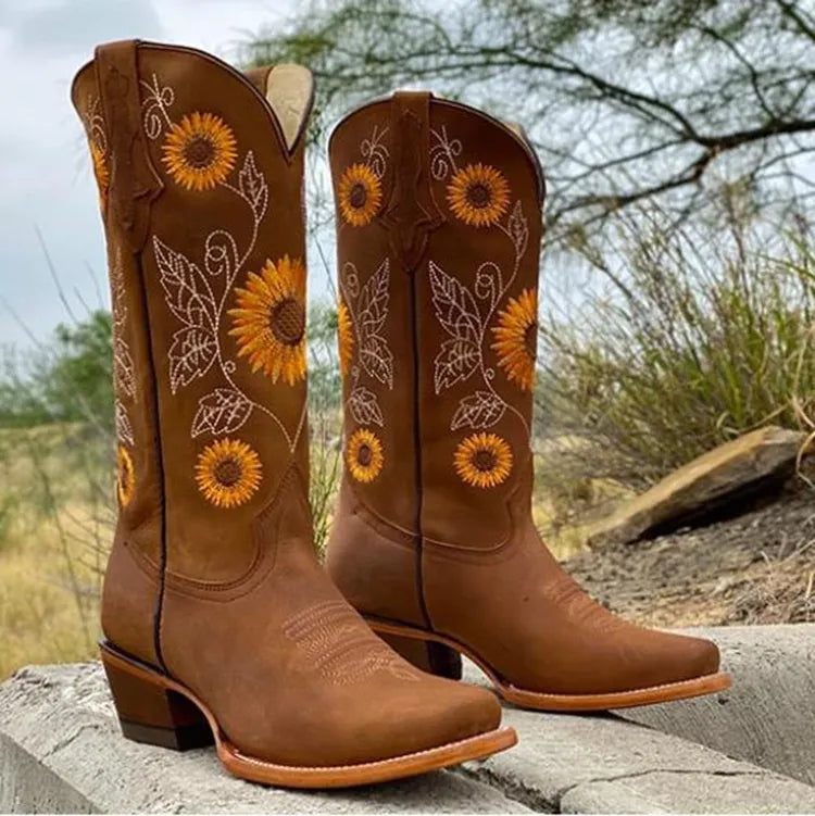 Women's Western Boots Sunflower Embroidery Square Toe