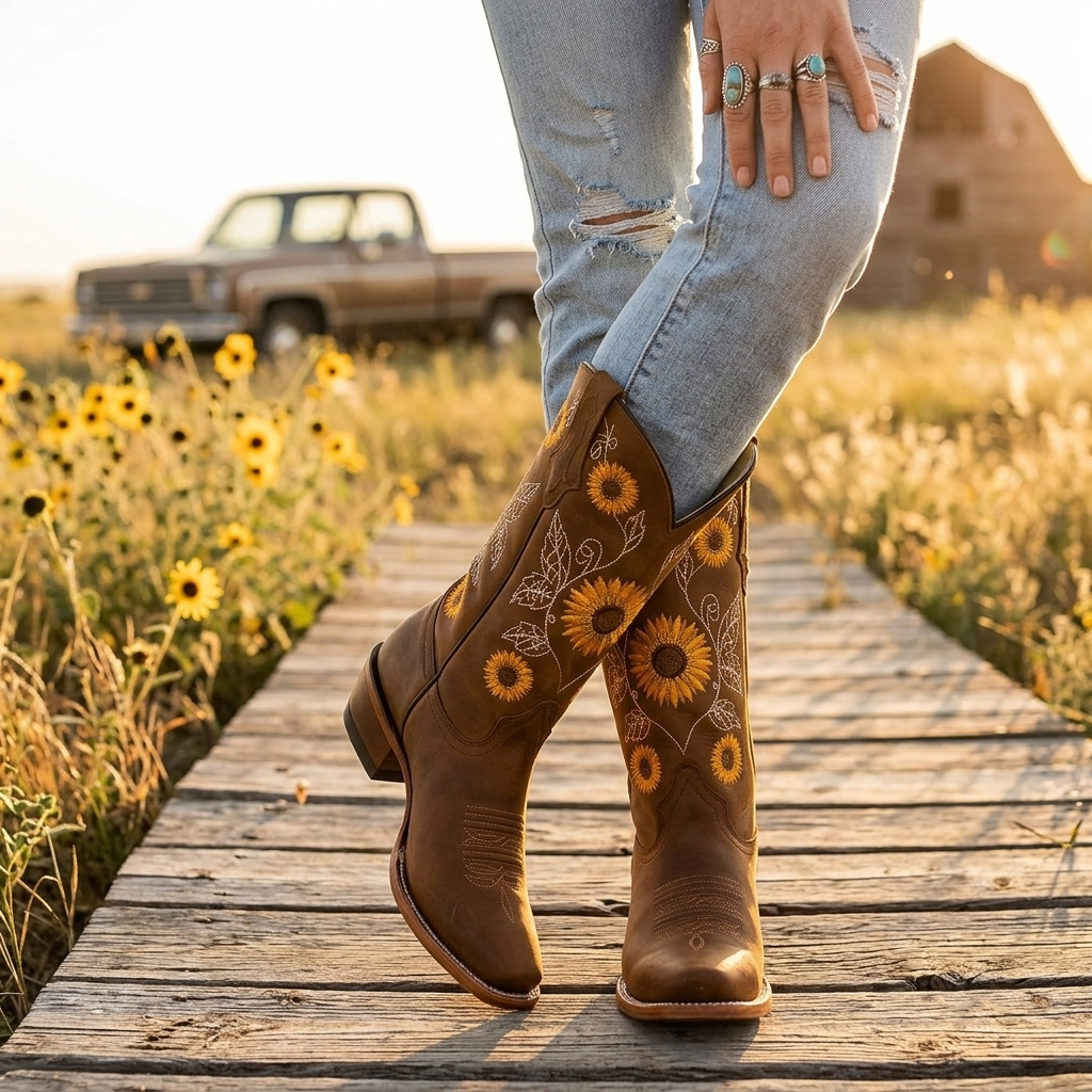 Women's Western Boots Sunflower Embroidery Square Toe