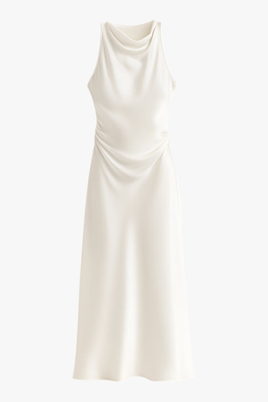 Women's White Maxi Dress | Elegant Cowl Neck & Ruched Waist Design