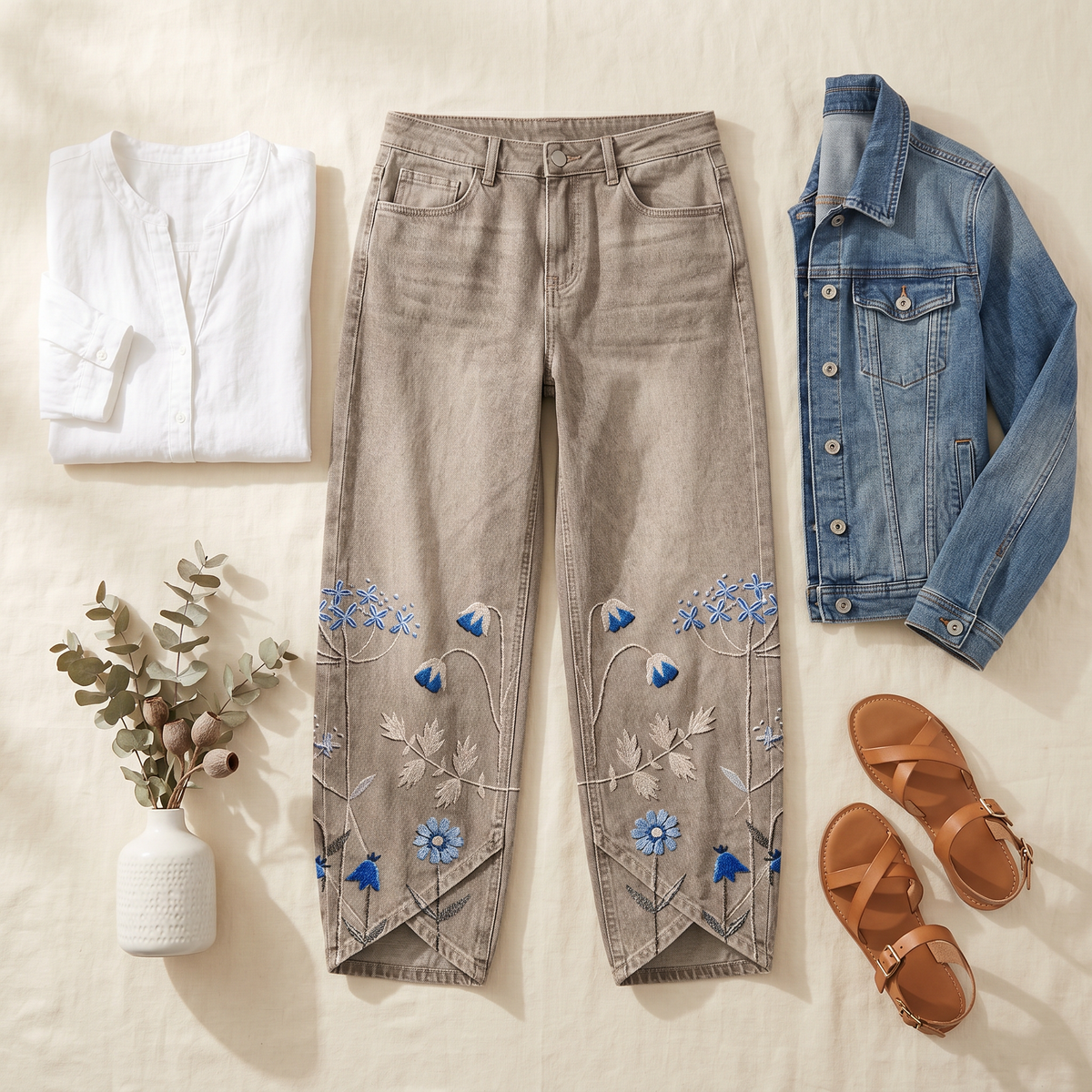 Women's Wide-Leg Jeans | Embroidered Tulip Hem