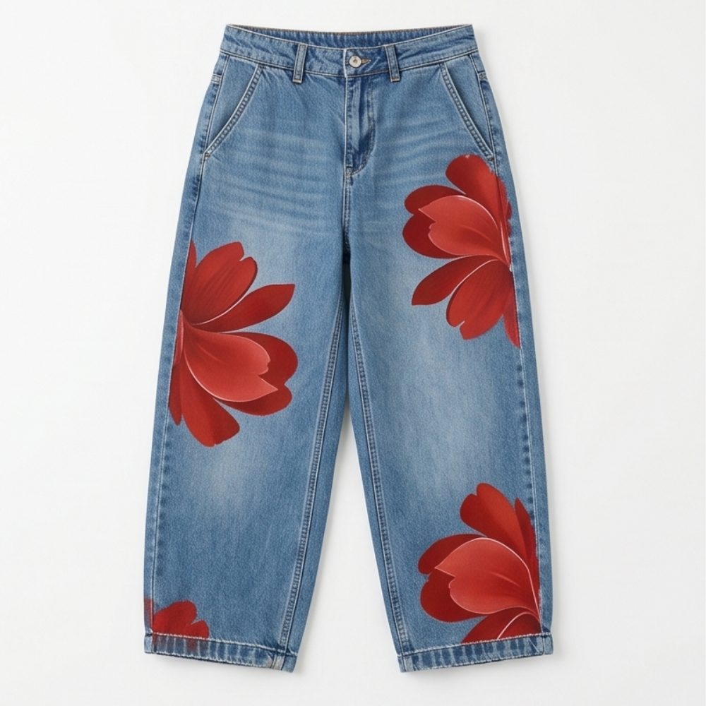 Women's Wide Leg Jeans | Floral Print & Cropped Fit