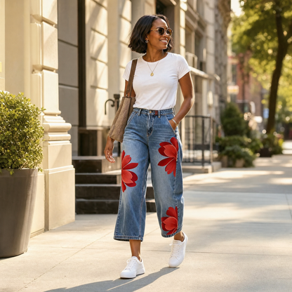 Women's Wide Leg Jeans | Floral Print & Cropped Fit