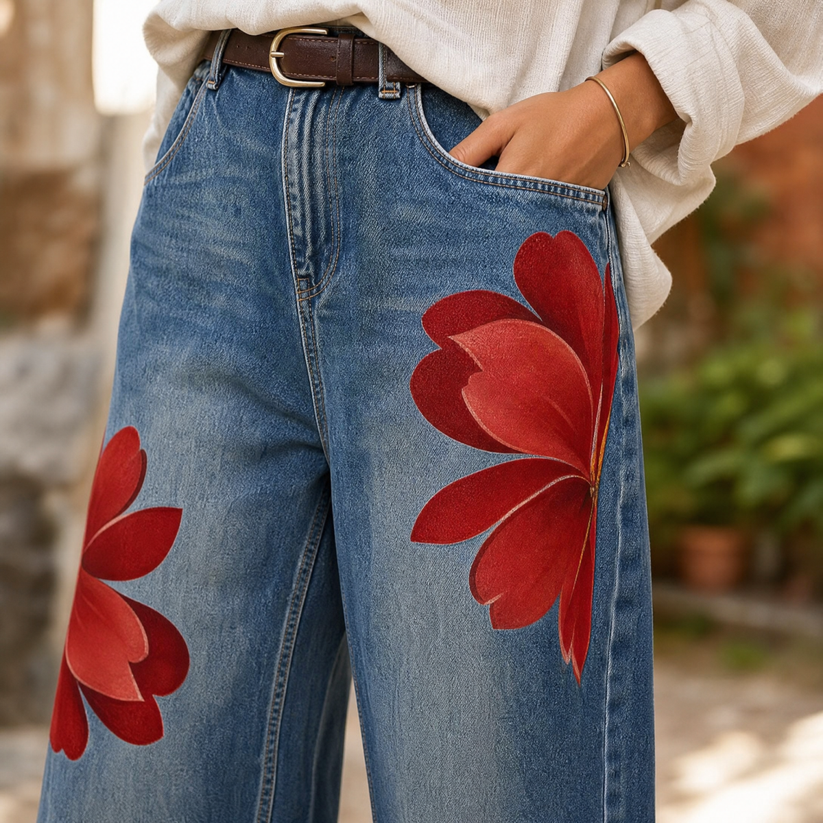Women's Wide Leg Jeans | Floral Print & Cropped Fit
