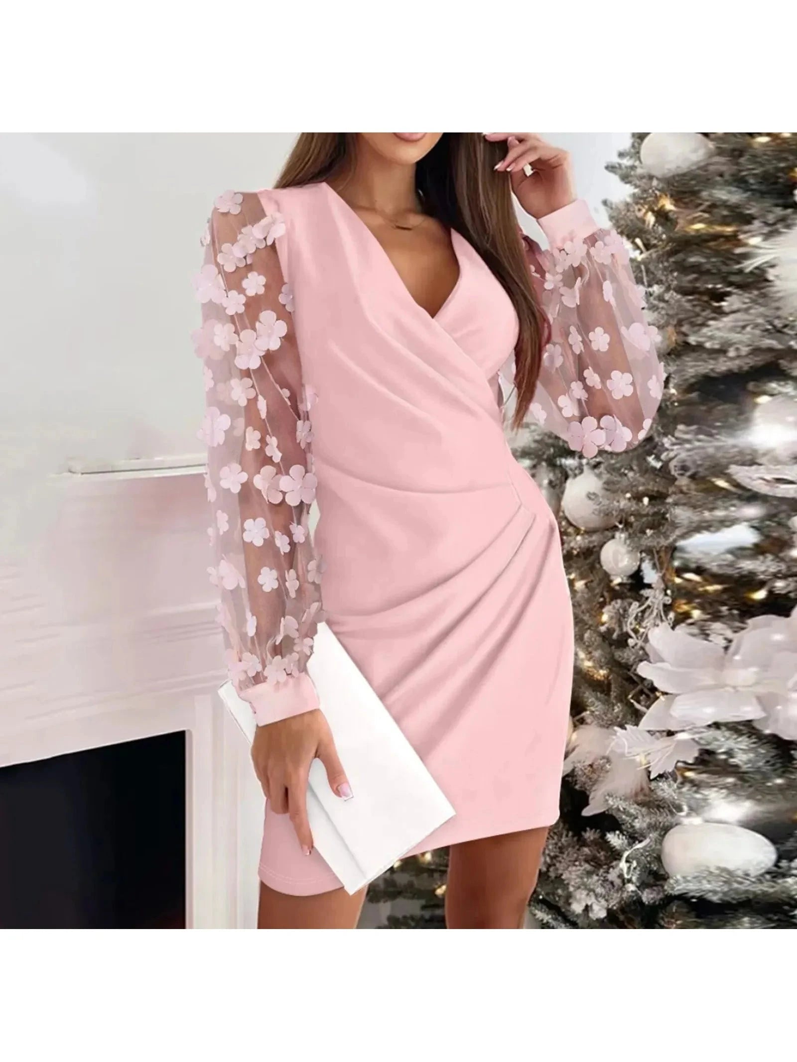 Women's Wrap Mini Dress | Mesh Sleeve & Festive Evening Glamour