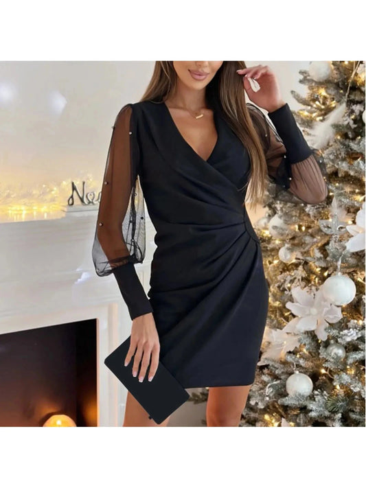 Women's Wrap Mini Dress | Mesh Sleeve & Festive Evening Glamour