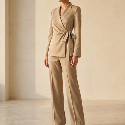 Women's Wrap Tie Blazer Wide Leg Trouser Set Workwear