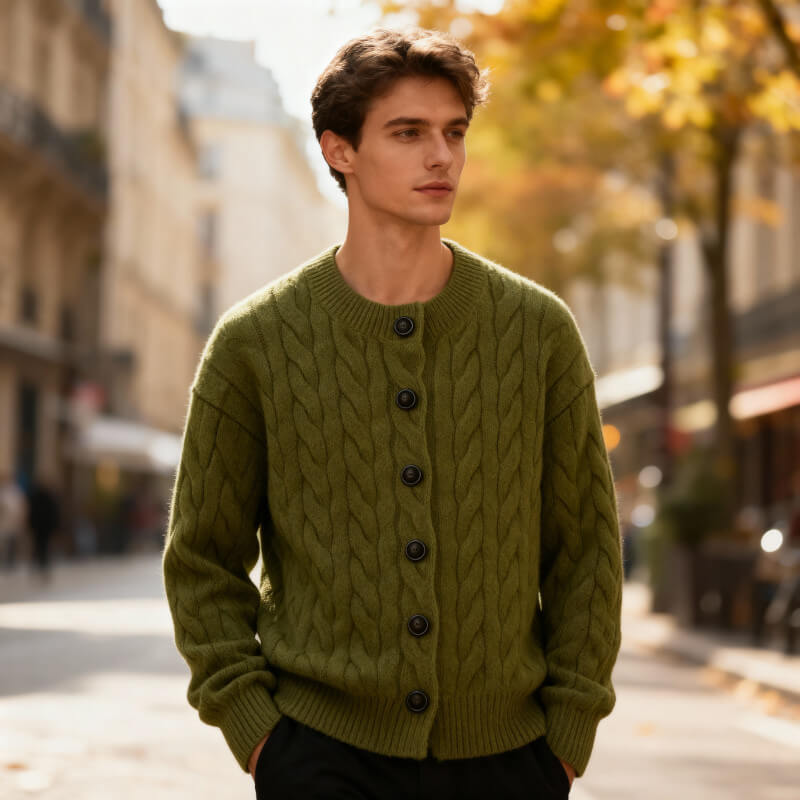 Men's Cable Knit Cardigan Button Up Ribbed Jumper Sweater 12