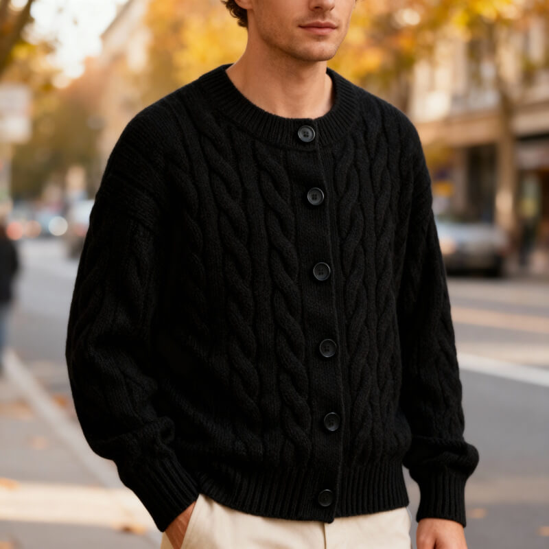 Men's Cable Knit Cardigan Button Up Ribbed Jumper Sweater 9