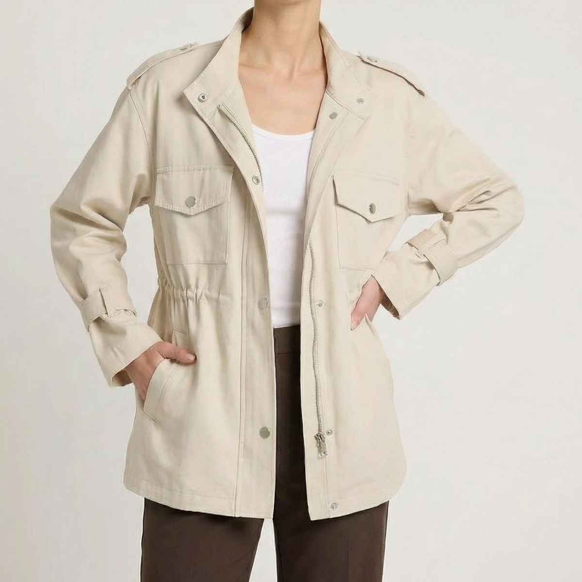 Women's Utility Overcoat Drawstring Tie Stand Collar 1